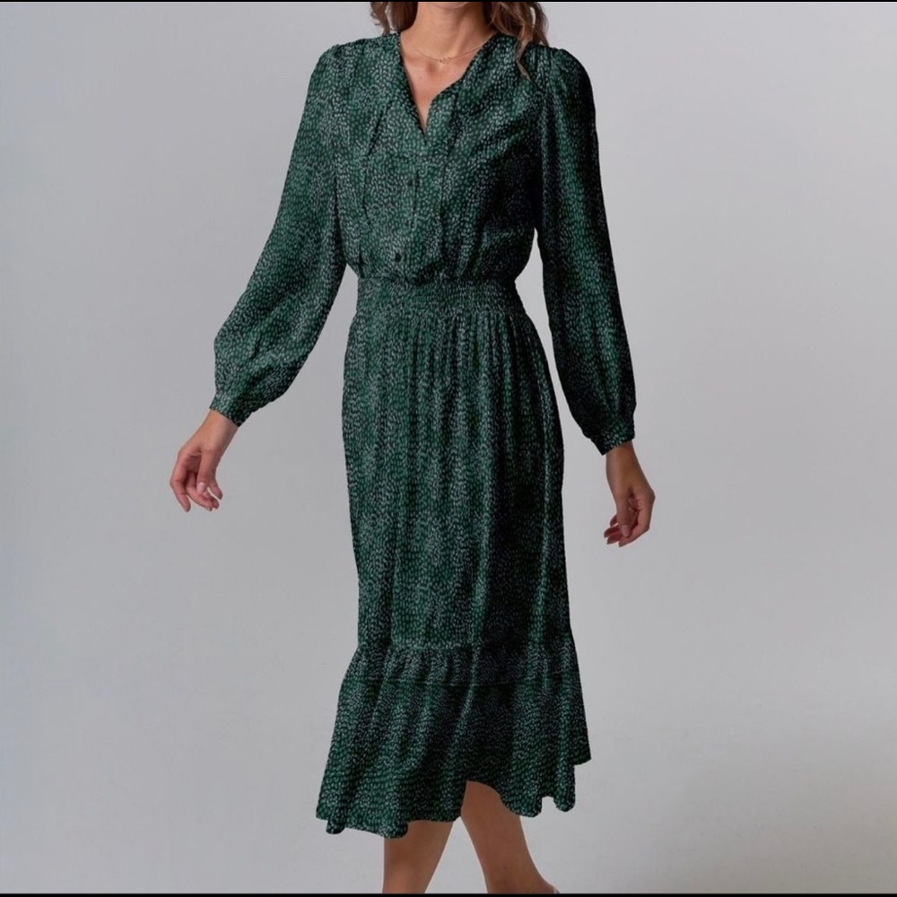 Tucker Juliette Dress Emerald Spots in Silk Stretch Charmeuse Long Sleeve Midi